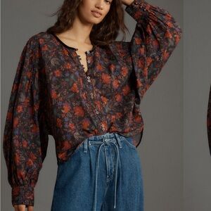 Pilcro Anthropologie bat wing Floral Button-Up Blouse - fall colors